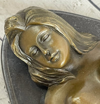 Nude Girl Touching Herself Erotic Bronze Sculpture Figure Marble Base