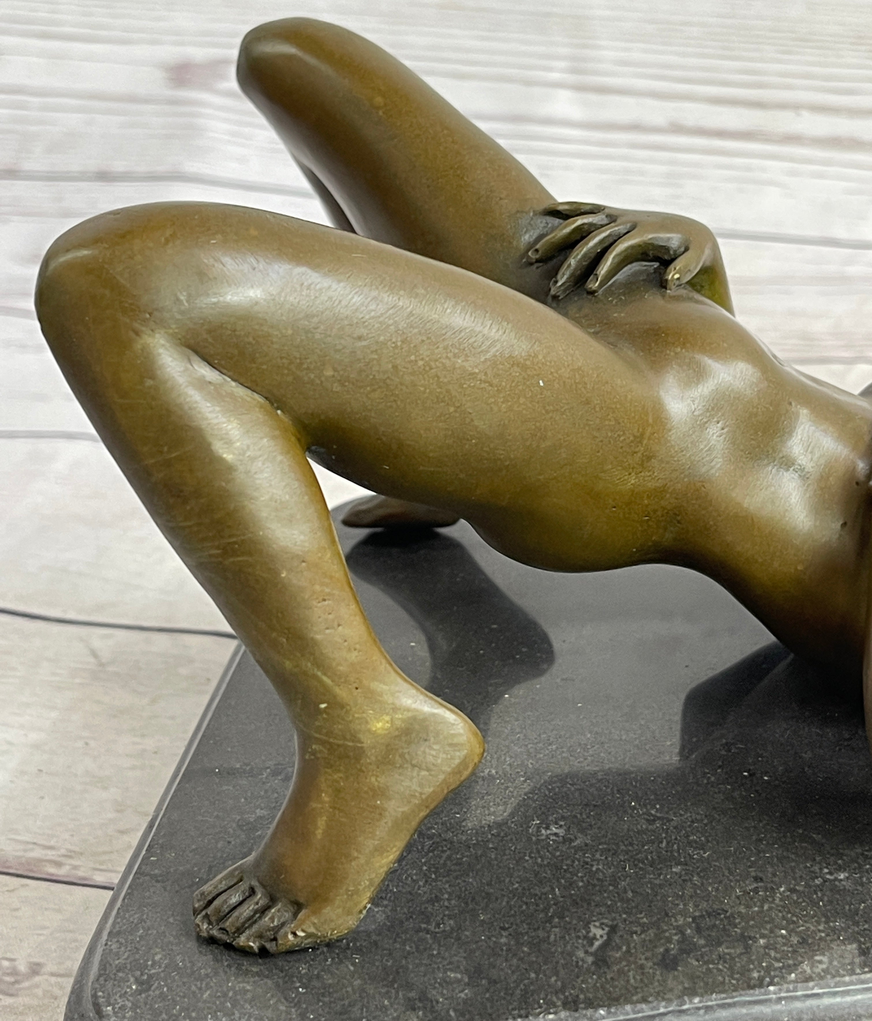 Nude Girl Touching Herself Erotic Bronze Sculpture Figure Marble Base