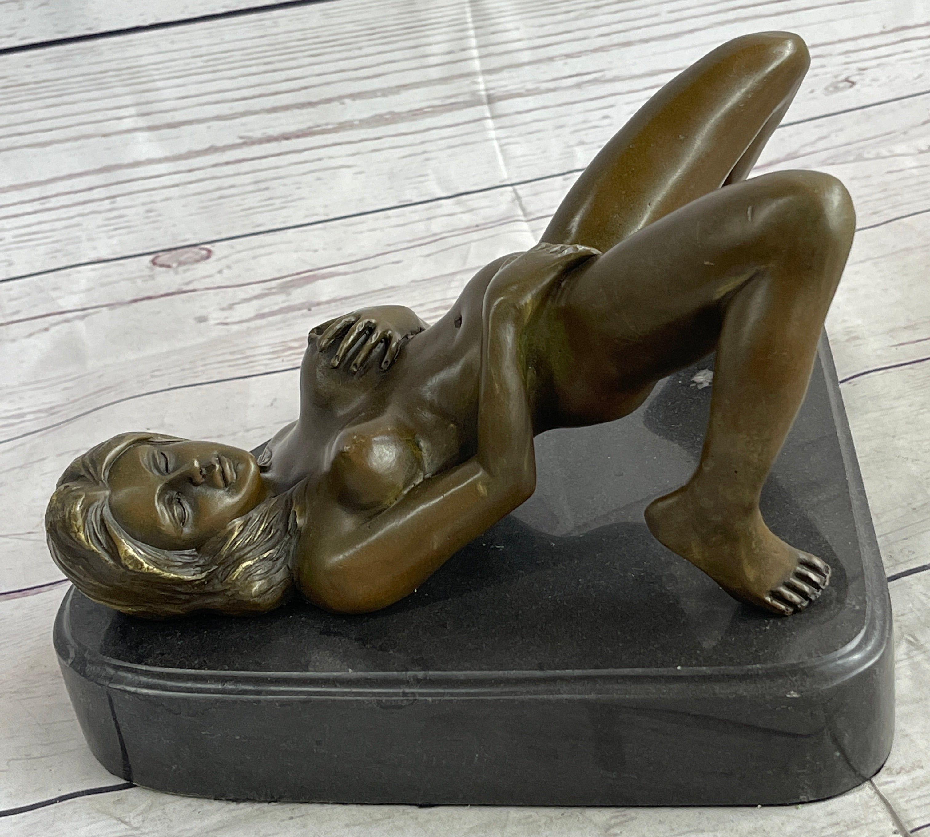 Nude Girl Touching Herself Erotic Bronze Sculpture Figure Marble Base