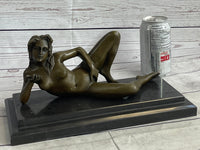 Erotic Modern Art Girl Blowing Kiss Touching Herself Signed Bronze Sculpture Statue 7" x 12"