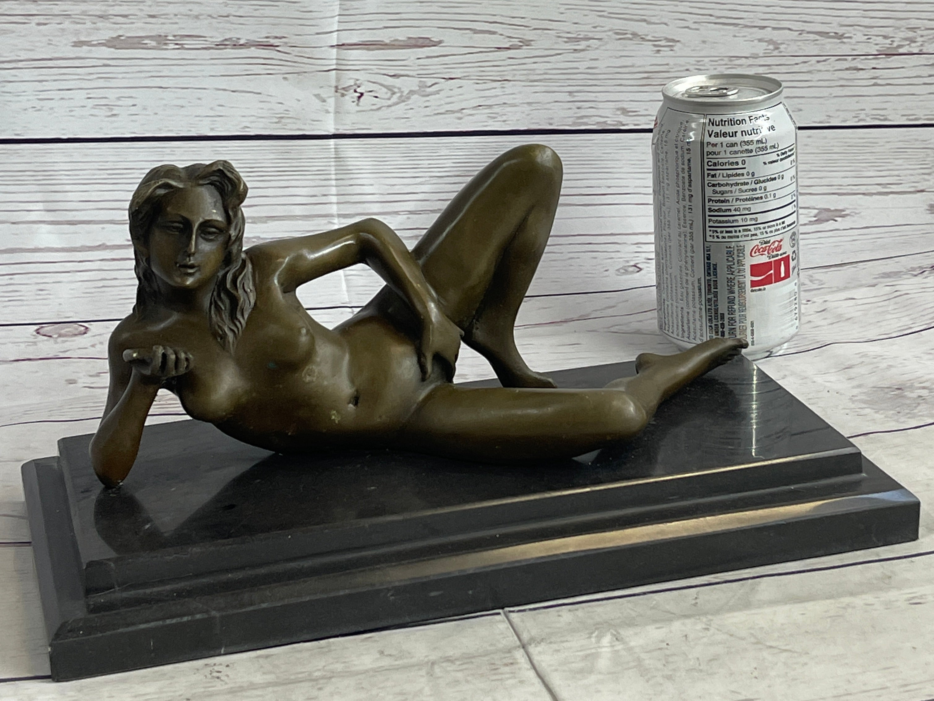 Erotic Modern Art Girl Blowing Kiss Touching Herself Signed Bronze Sculpture Statue 7" x 12"