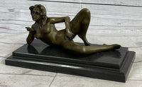 Erotic Modern Art Girl Blowing Kiss Touching Herself Signed Bronze Sculpture Statue 7" x 12"