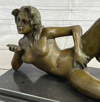 Erotic Modern Art Girl Blowing Kiss Touching Herself Signed Bronze Sculpture Statue 7" x 12"