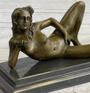 Erotic Modern Art Girl Blowing Kiss Touching Herself Signed Bronze Sculpture Statue 7" x 12"