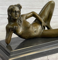 Erotic Modern Art Girl Blowing Kiss Touching Herself Signed Bronze Sculpture Statue 7" x 12"