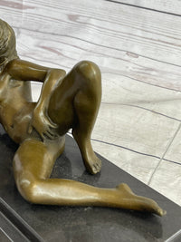 Erotic Modern Art Girl Blowing Kiss Touching Herself Signed Bronze Sculpture Statue 7" x 12"