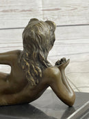 Erotic Modern Art Girl Blowing Kiss Touching Herself Signed Bronze Sculpture Statue 7" x 12"