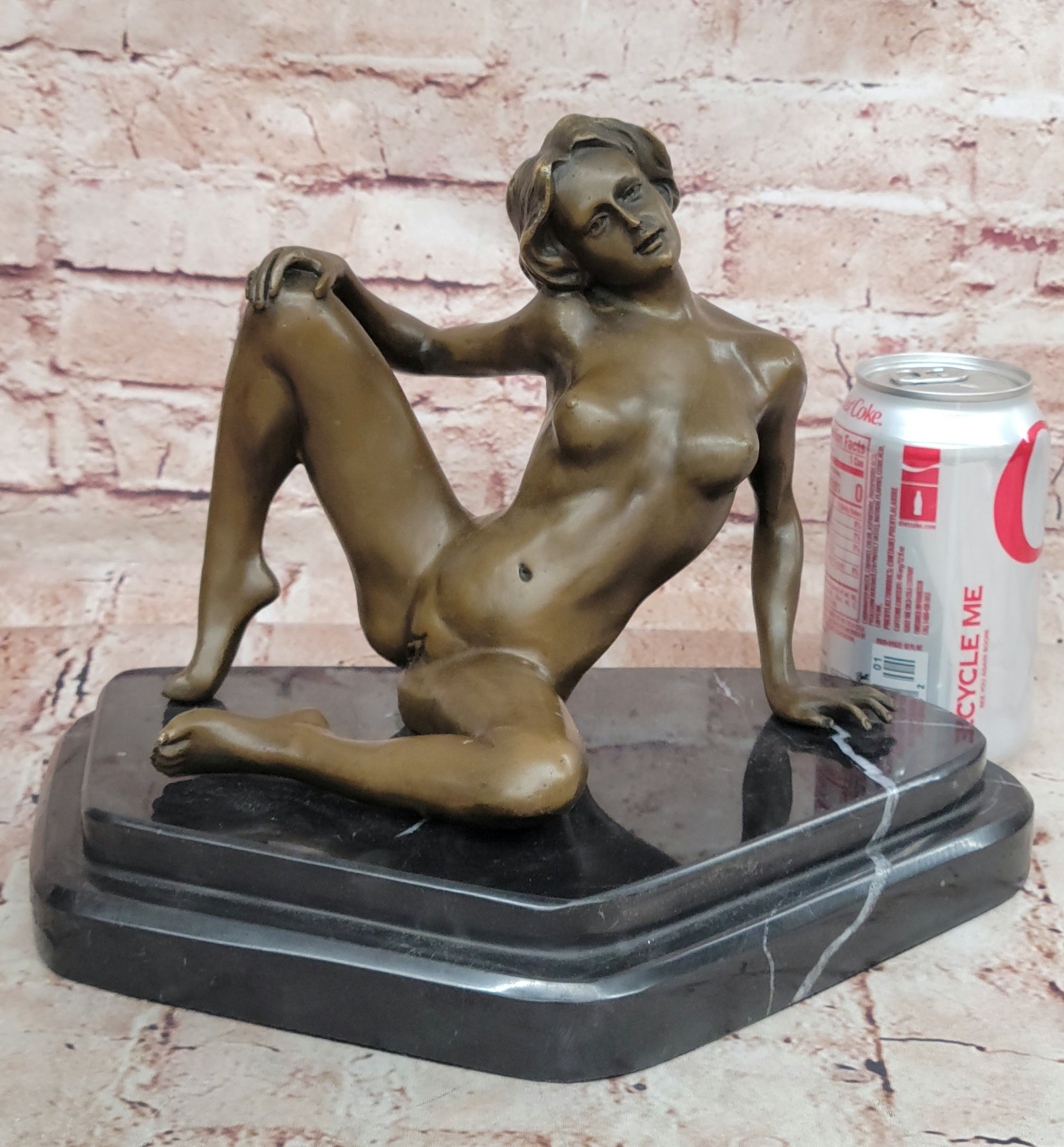 Erotic Bronze Sculpture Statue Exhibitionist Girl Marble Base Signed Modern Art 10" x 11"