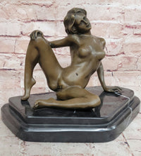 Erotic Bronze Sculpture Statue Exhibitionist Girl Marble Base Signed Modern Art 10" x 11"