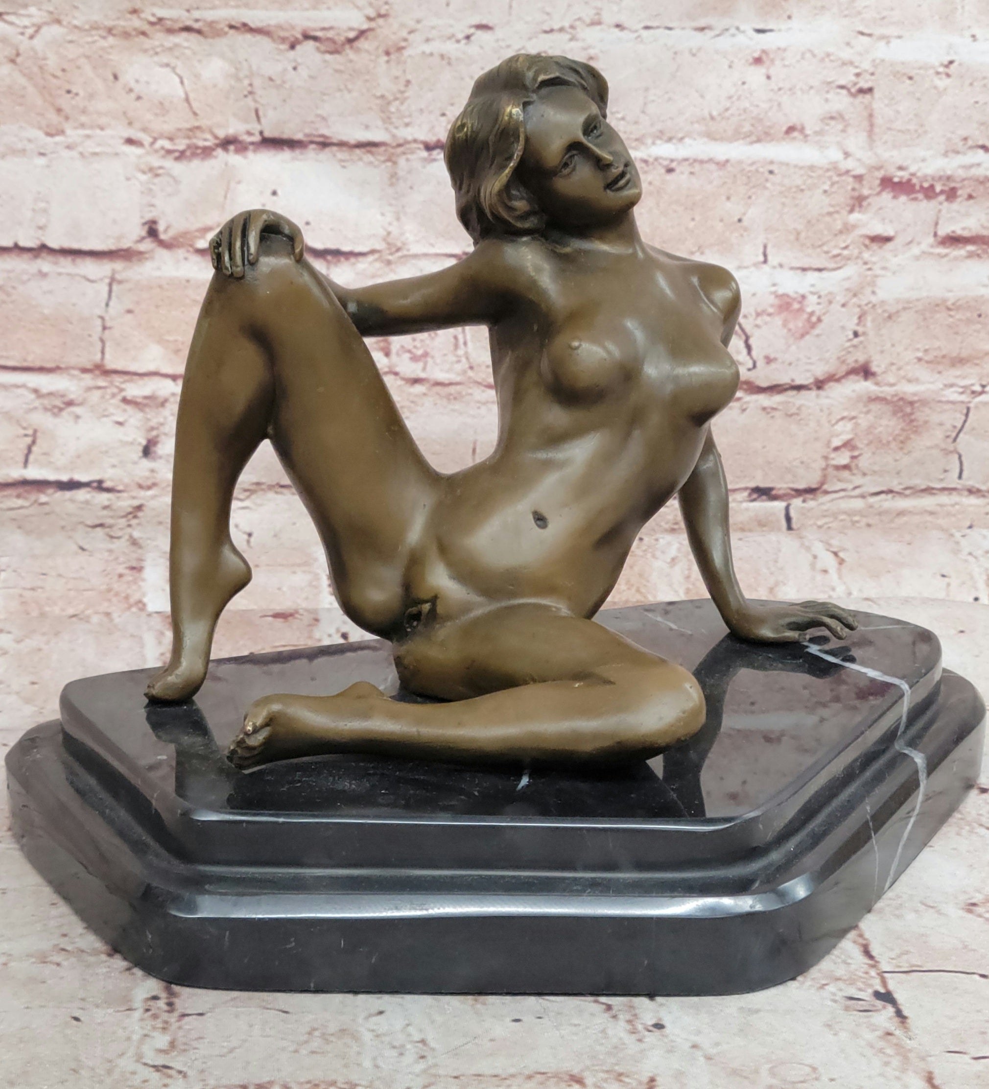 Erotic Bronze Sculpture Statue Exhibitionist Girl Marble Base Signed Modern Art 10" x 11"