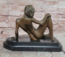 Erotic Bronze Sculpture Statue Exhibitionist Girl Marble Base Signed Modern Art 10" x 11"