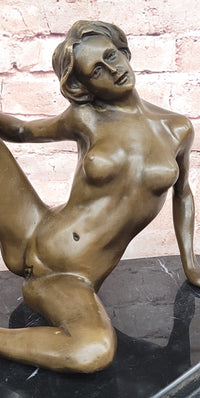Erotic Bronze Sculpture Statue Exhibitionist Girl Marble Base Signed Modern Art 10" x 11"