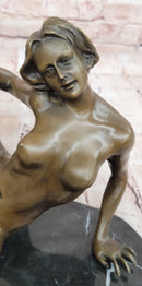 Erotic Bronze Sculpture Statue Exhibitionist Girl Marble Base Signed Modern Art 10" x 11"