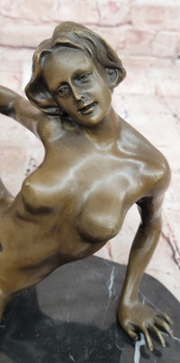 Erotic Bronze Sculpture Statue Exhibitionist Girl Marble Base Signed Modern Art 10" x 11"