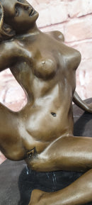Erotic Bronze Sculpture Statue Exhibitionist Girl Marble Base Signed Modern Art 10" x 11"