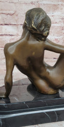 Erotic Bronze Sculpture Statue Exhibitionist Girl Marble Base Signed Modern Art 10" x 11"