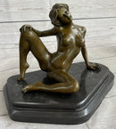 Erotic Bronze Sculpture Statue Exhibitionist Girl Marble Base Signed Modern Art 10" x 11"