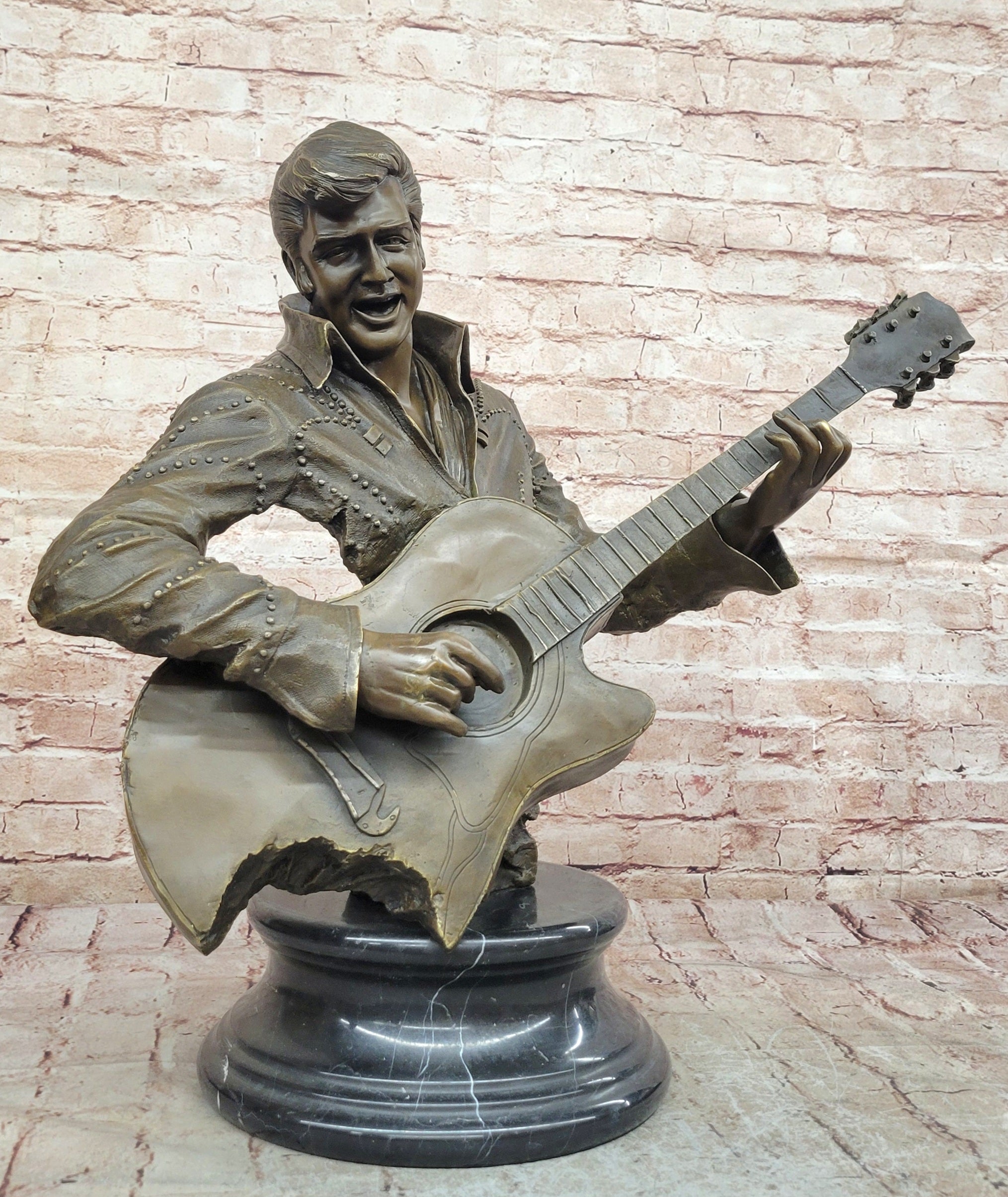 Elvis Presley Playing Guitar Bronze Bust Sculpture Signed 24" x 26"