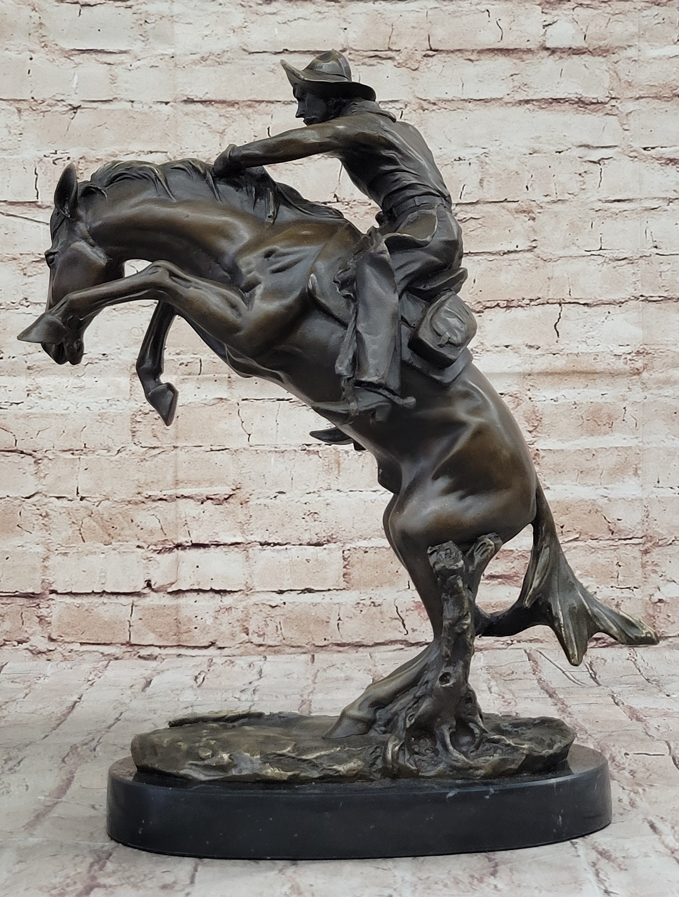 BRONCO BUSTER Frederic Remington Western Bronze Statue Sculpture Marble Base 17" x 15"