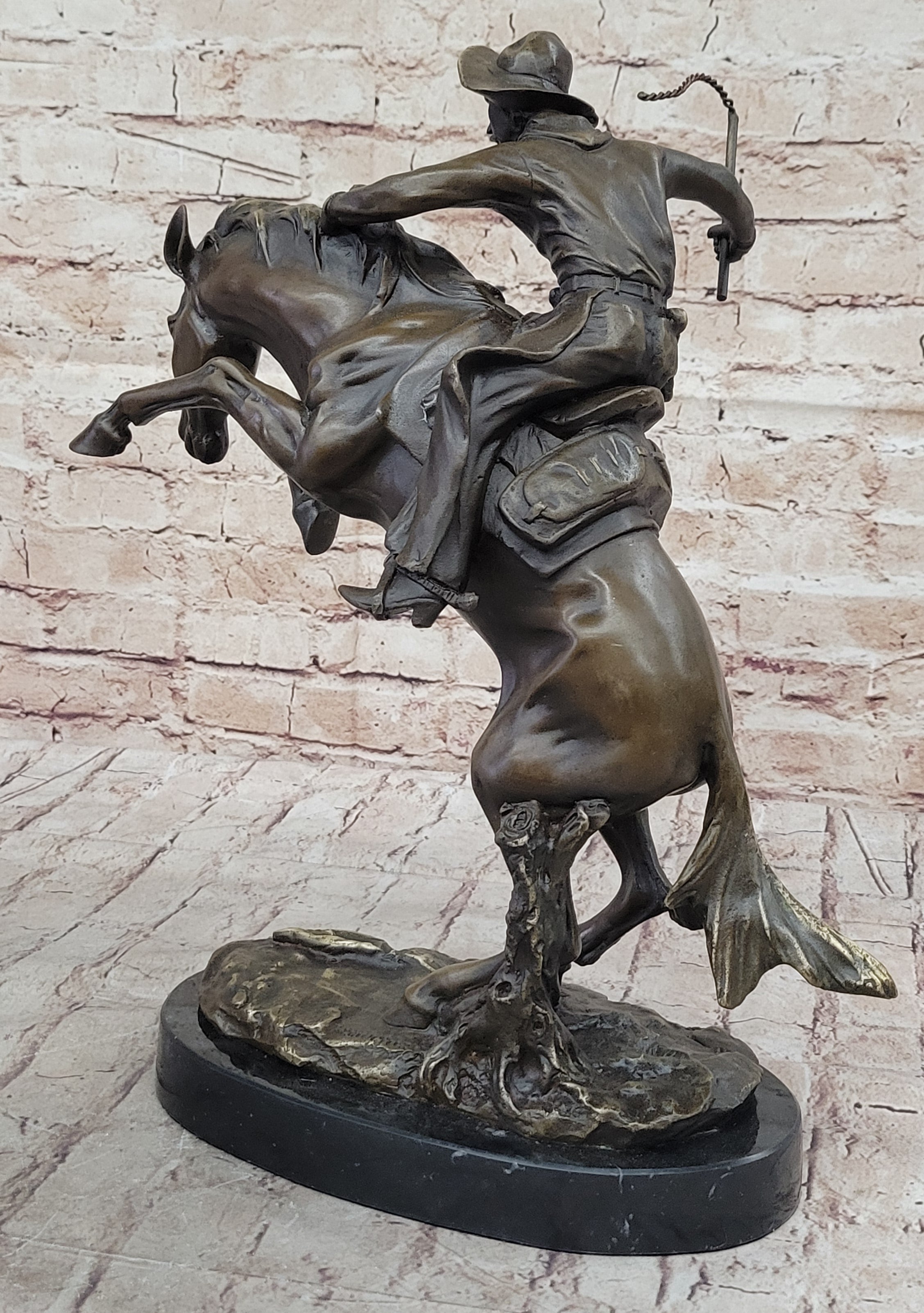 BRONCO BUSTER Frederic Remington Western Bronze Statue Sculpture Marble Base 17" x 15"