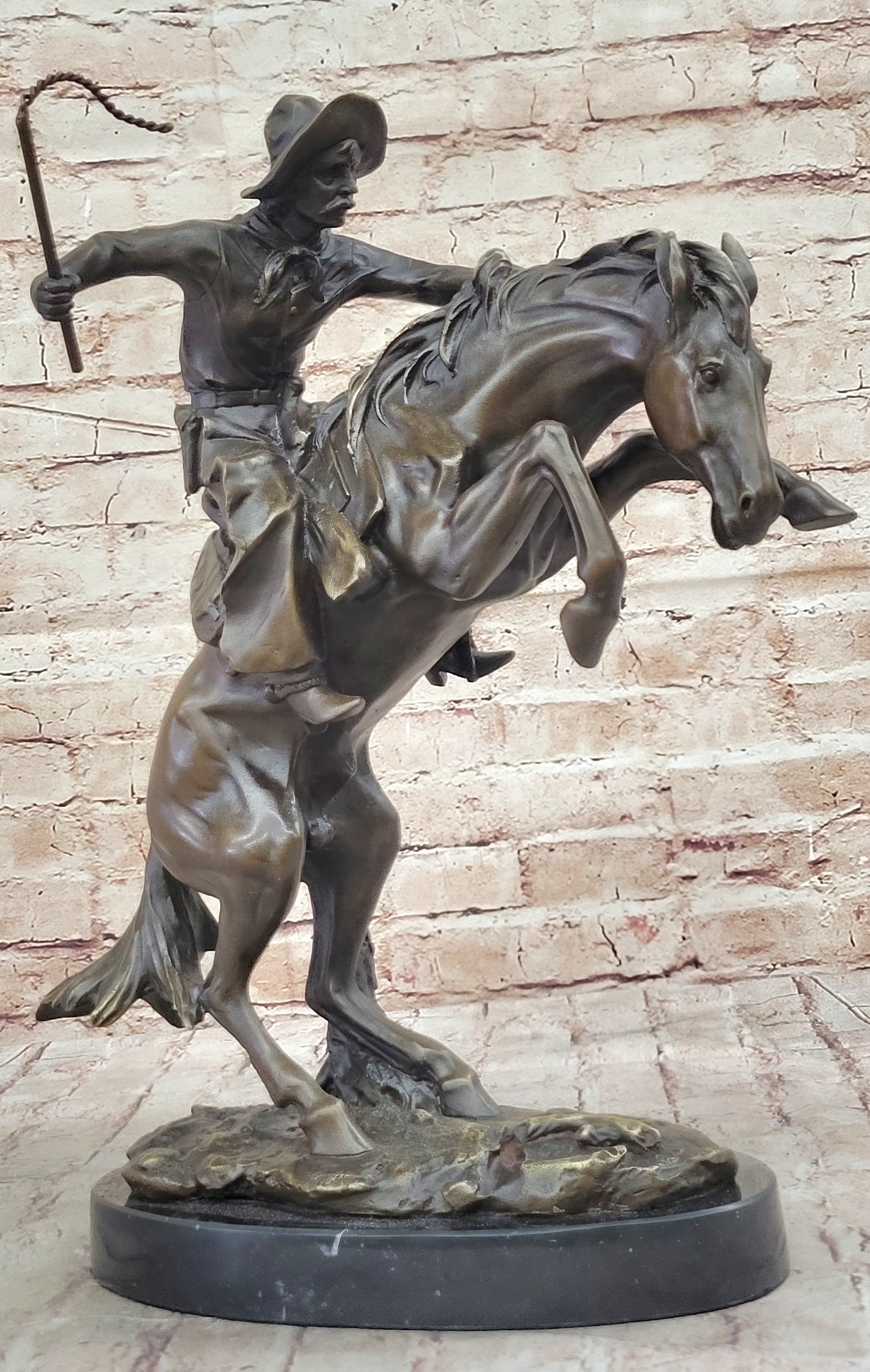 BRONCO BUSTER Frederic Remington Western Bronze Statue Sculpture Marble Base 17" x 15"