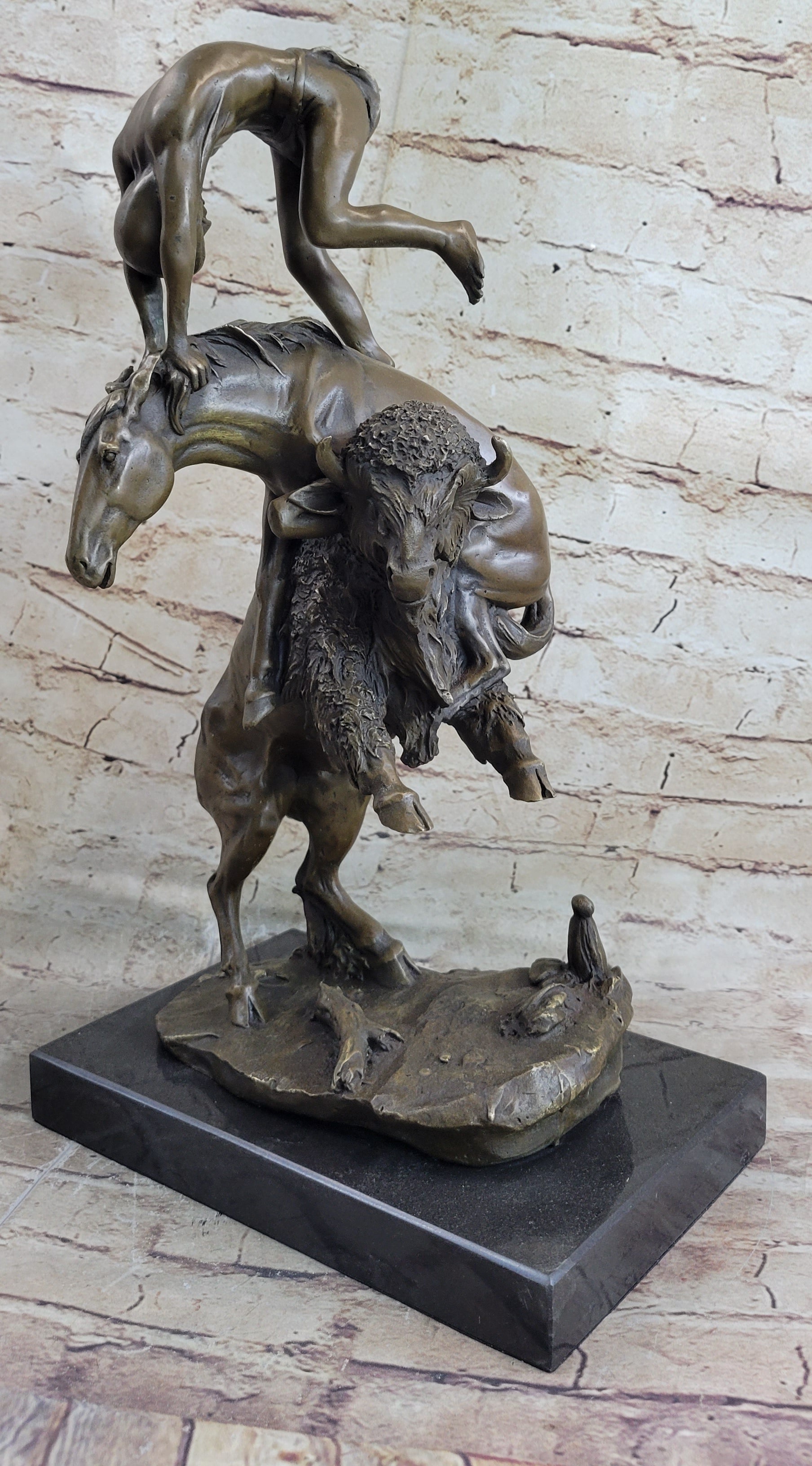 Bronze Sculpture of Native American Man Jumping over Buffalo & Horse