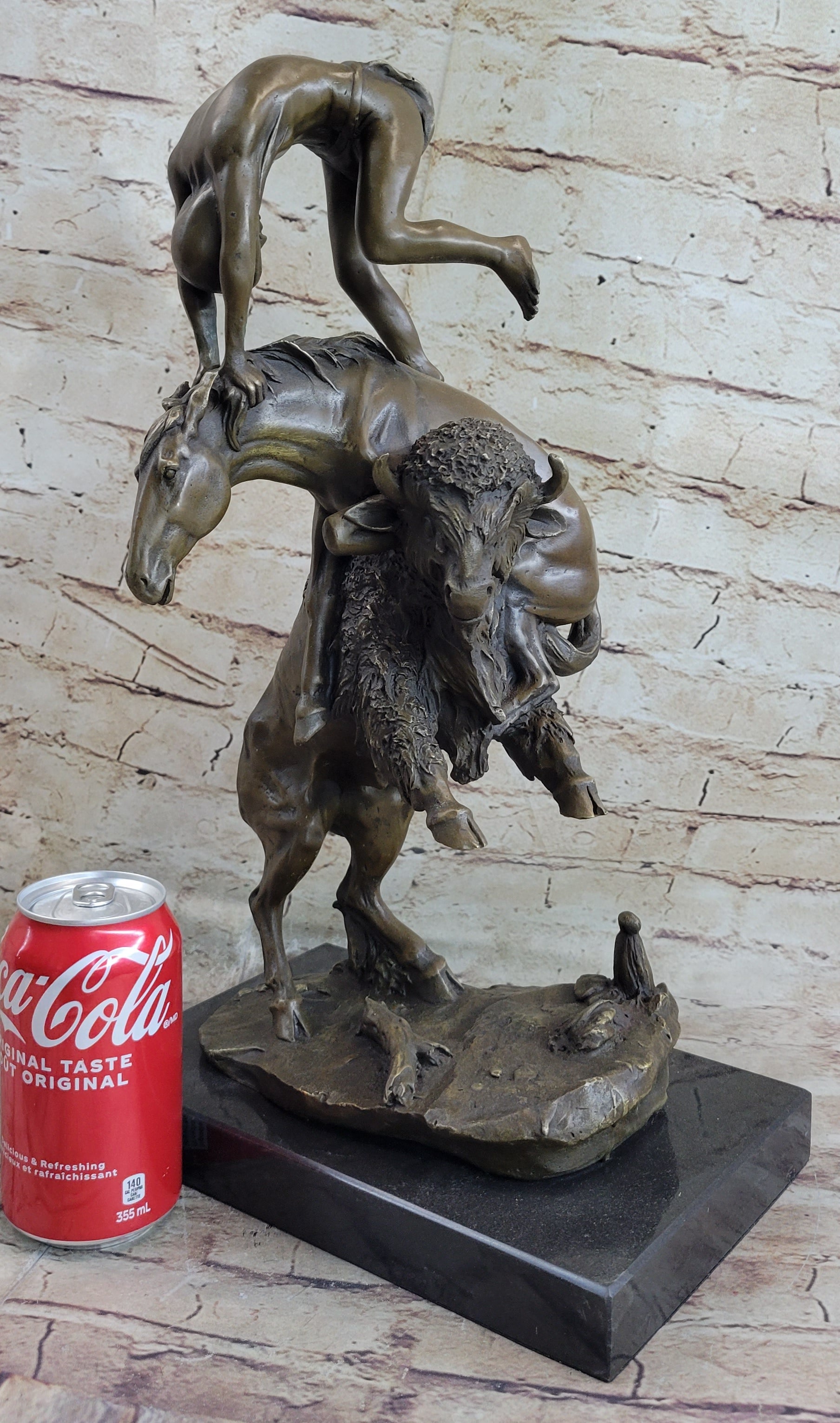 Bronze Sculpture of Native American Man Jumping over Buffalo & Horse
