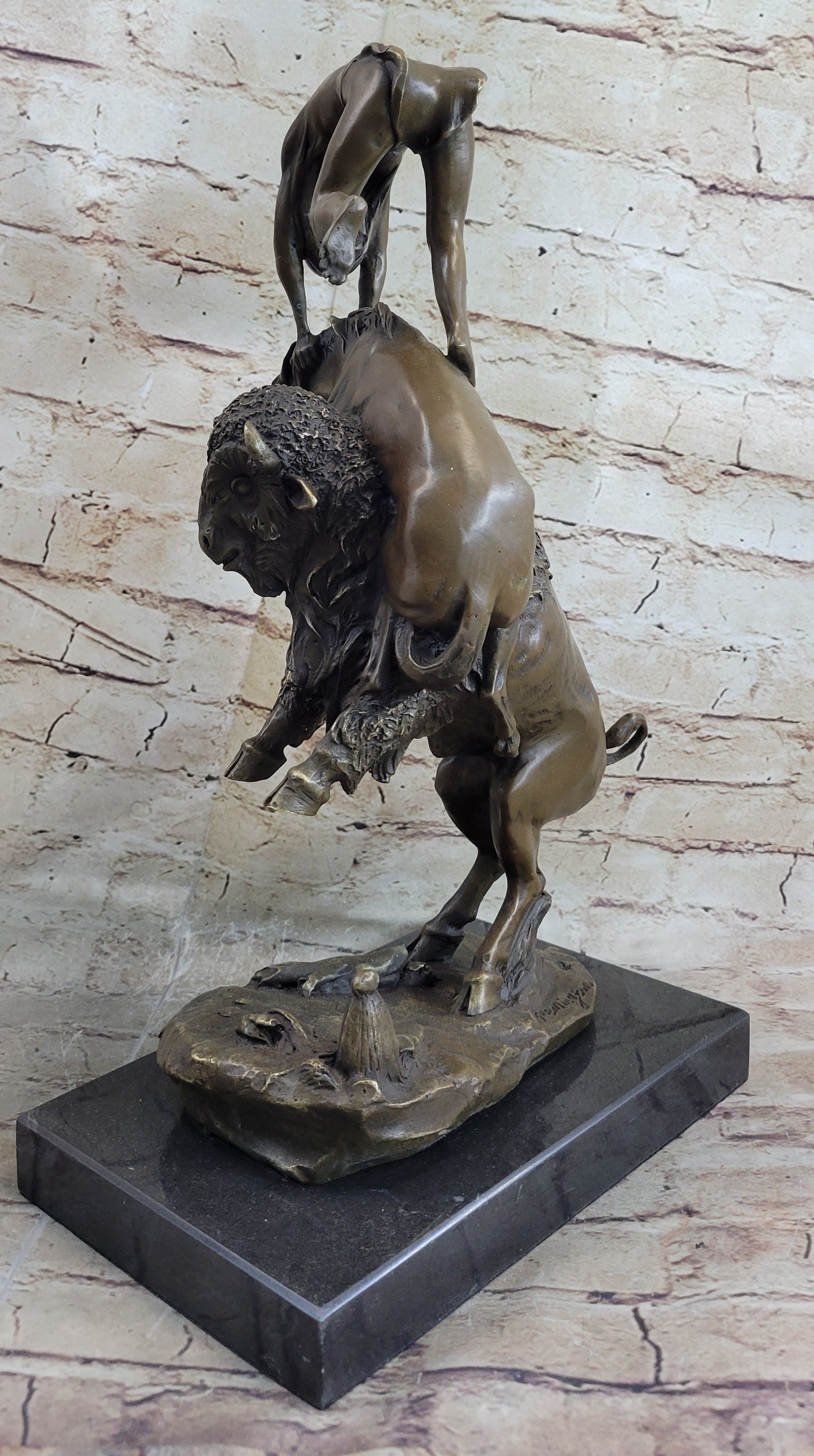 Bronze Sculpture of Native American Man Jumping over Buffalo & Horse