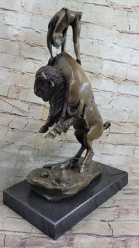 Bronze Sculpture of Native American Man Jumping over Buffalo & Horse