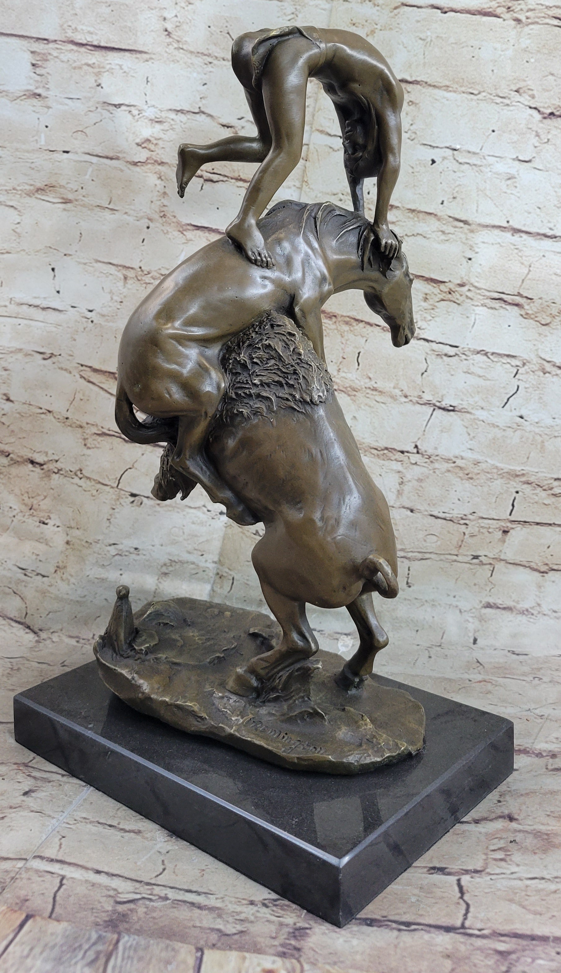 Bronze Sculpture of Native American Man Jumping over Buffalo & Horse