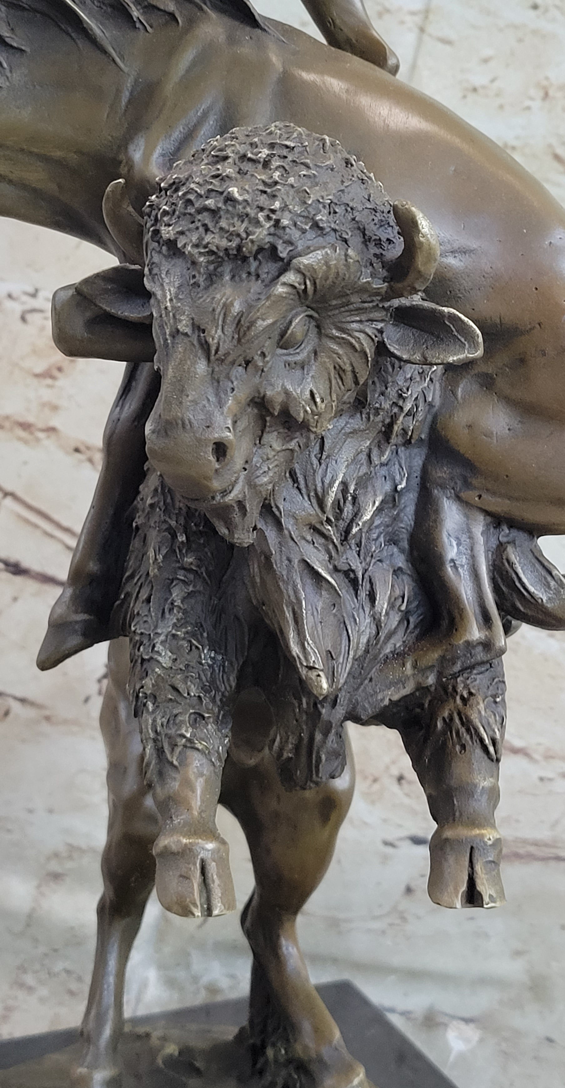 Bronze Sculpture of Native American Man Jumping over Buffalo & Horse