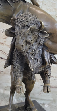 Bronze Sculpture of Native American Man Jumping over Buffalo & Horse