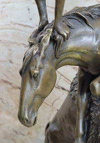 Bronze Sculpture of Native American Man Jumping over Buffalo & Horse