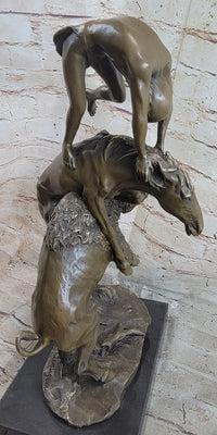 Bronze Sculpture of Native American Man Jumping over Buffalo & Horse