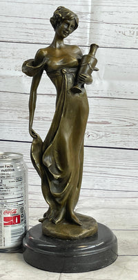 Girl Holding Vase Bronze Sculpture Marble Base French Art 13" x 5"