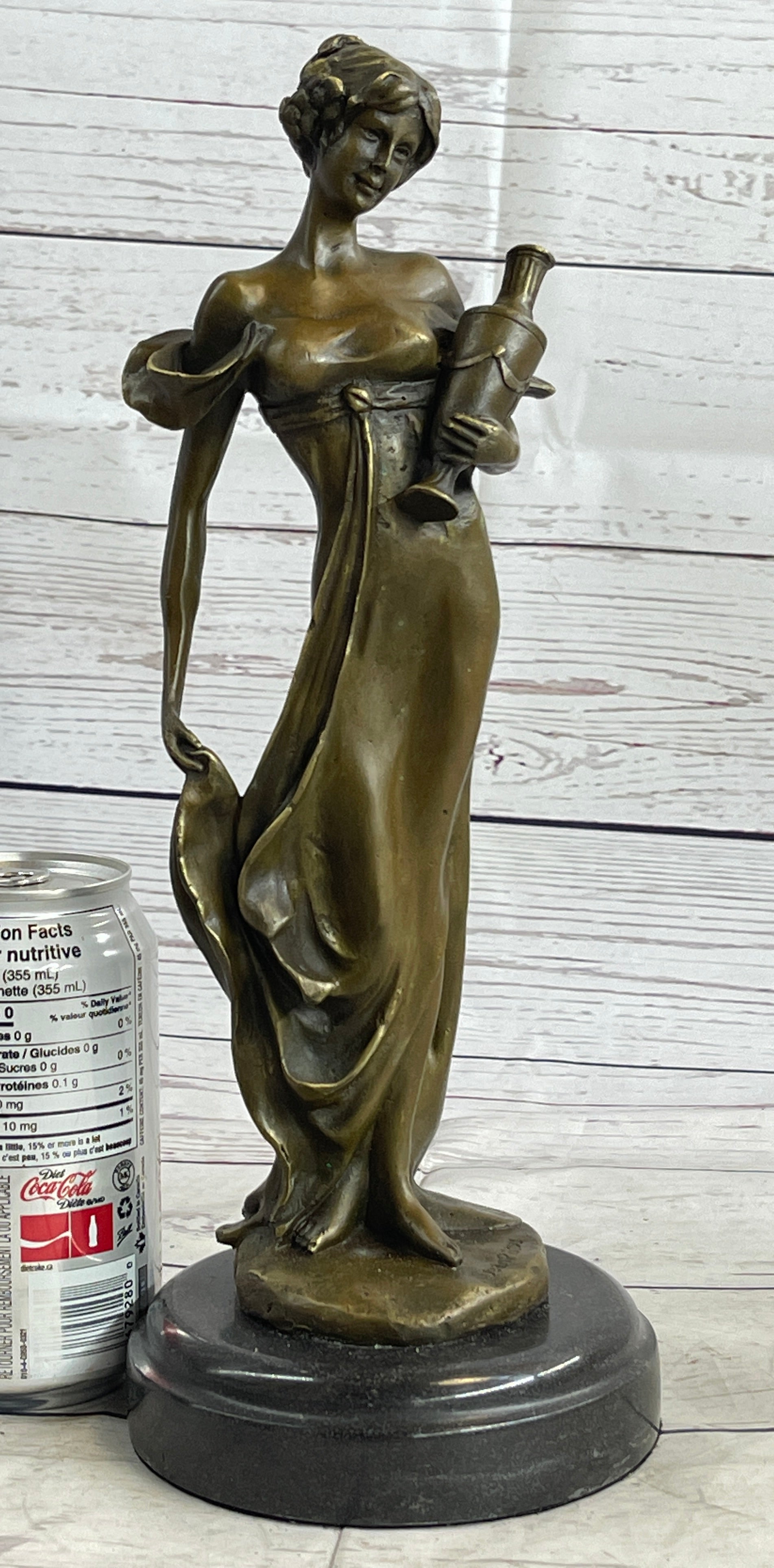 Girl Holding Vase Bronze Sculpture Marble Base French Art 13" x 5"
