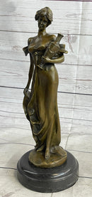 Girl Holding Vase Bronze Sculpture Marble Base French Art 13" x 5"