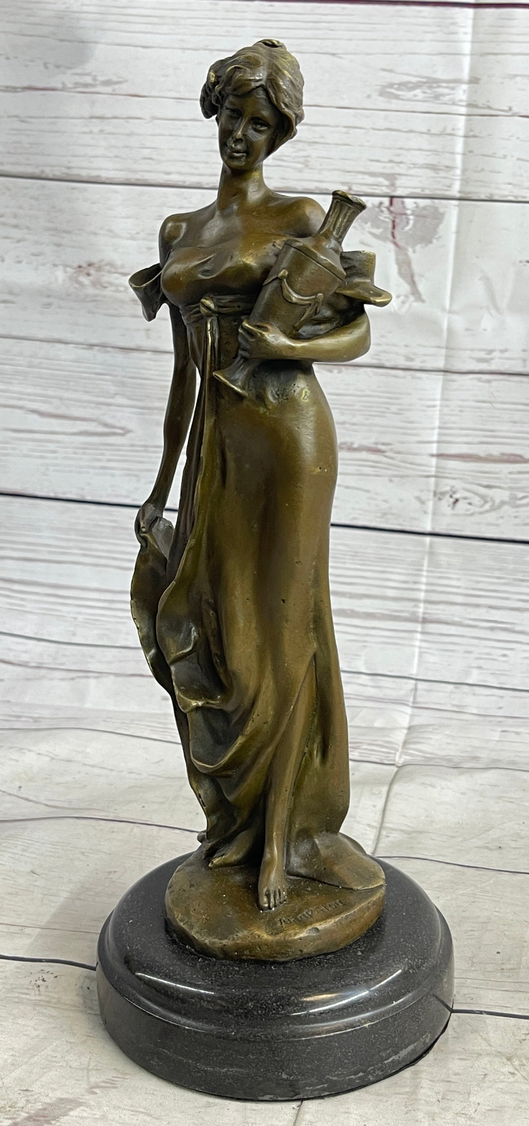 Girl Holding Vase Bronze Sculpture Marble Base French Art 13" x 5"