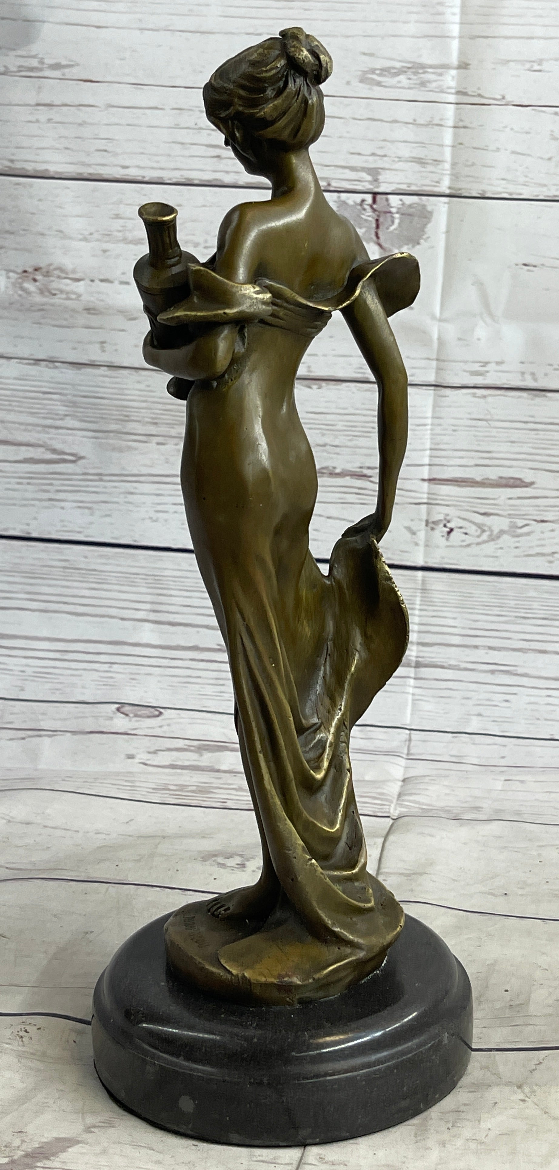 Girl Holding Vase Bronze Sculpture Marble Base French Art 13" x 5"