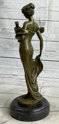 Girl Holding Vase Bronze Sculpture Marble Base French Art 13" x 5"