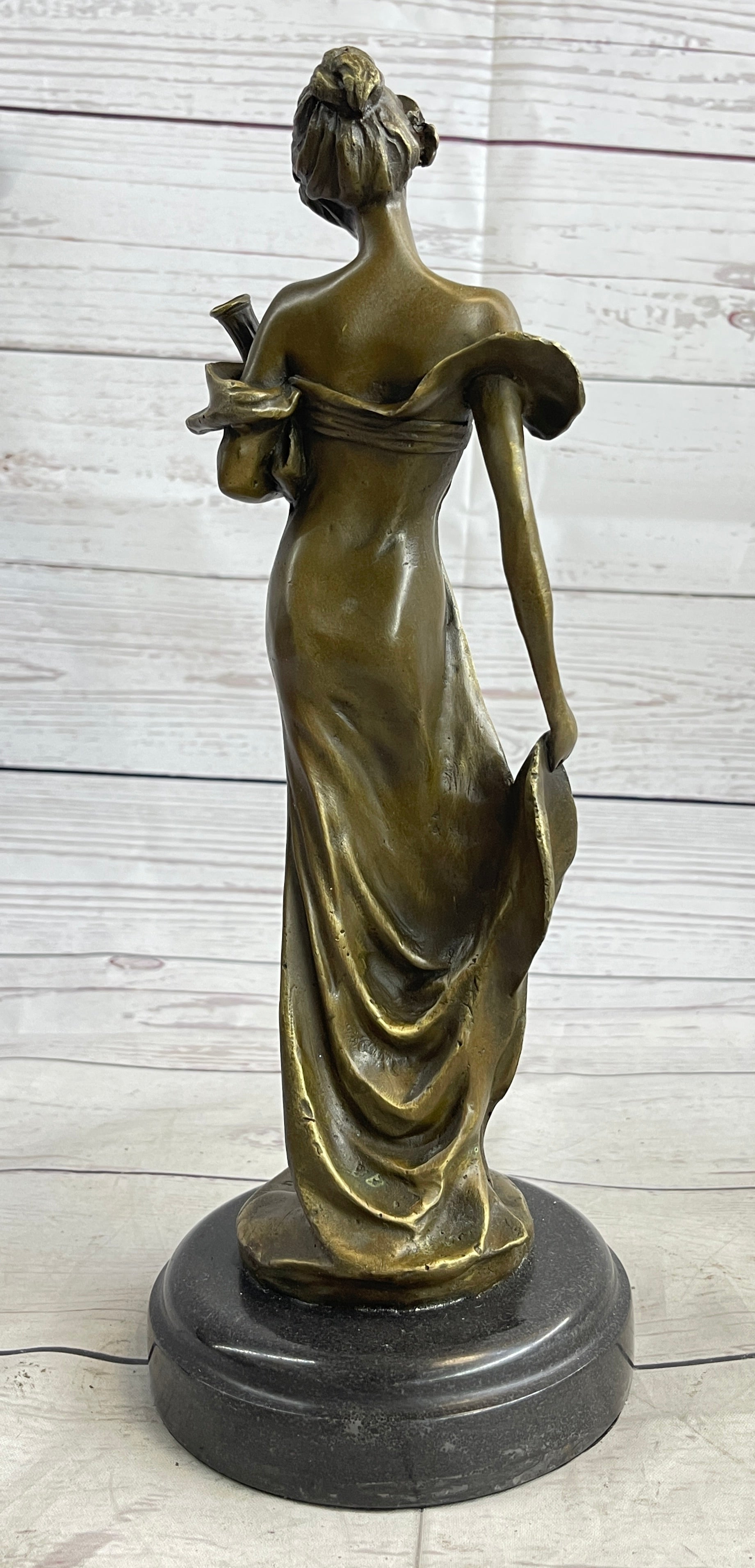 Girl Holding Vase Bronze Sculpture Marble Base French Art 13" x 5"