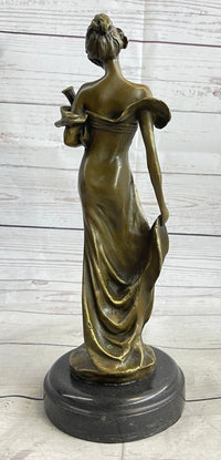 Girl Holding Vase Bronze Sculpture Marble Base French Art 13" x 5"