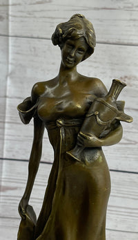 Girl Holding Vase Bronze Sculpture Marble Base French Art 13" x 5"