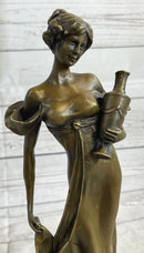 Girl Holding Vase Bronze Sculpture Marble Base French Art 13" x 5"