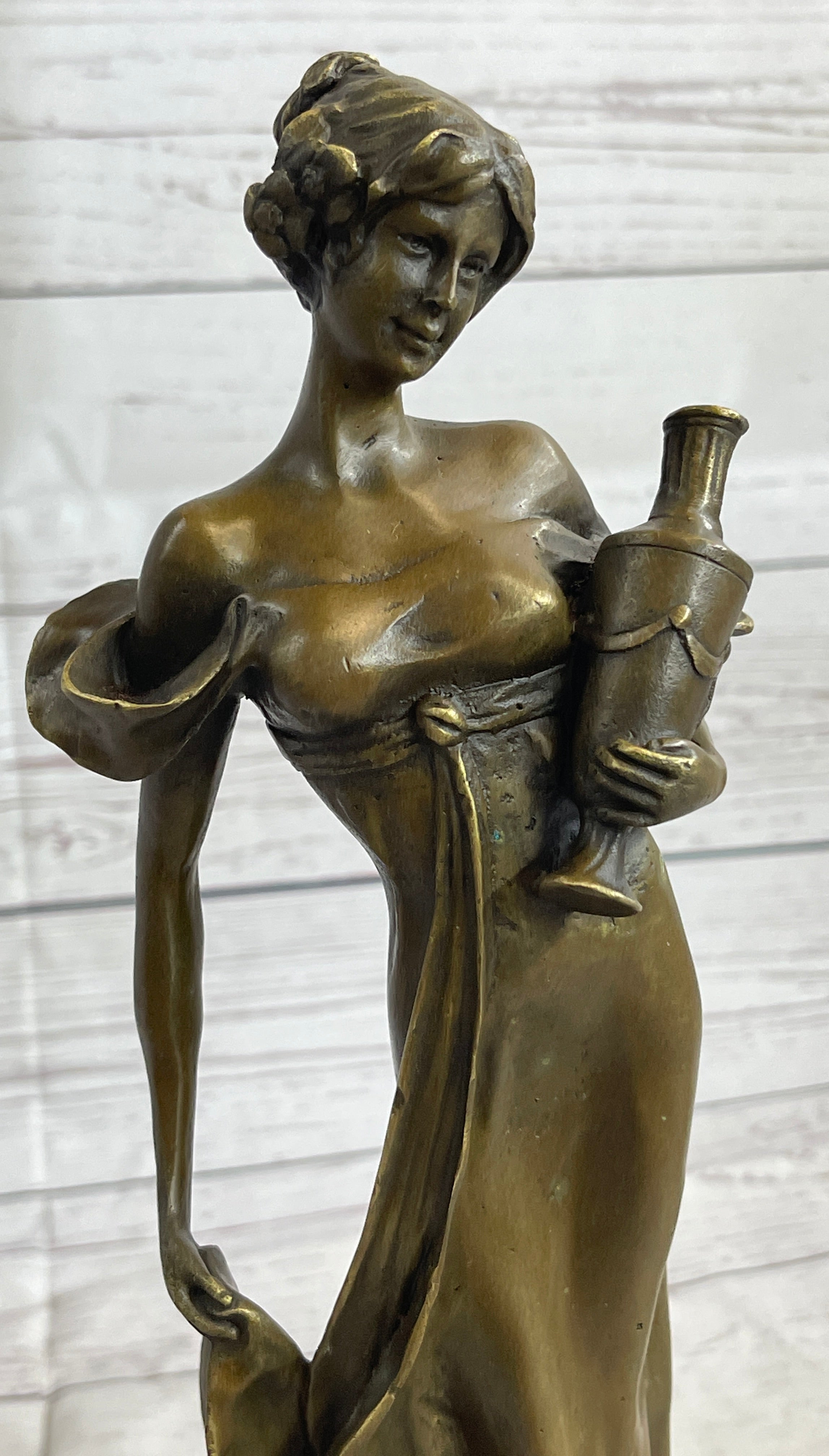 Girl Holding Vase Bronze Sculpture Marble Base French Art 13" x 5"