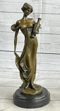Girl Holding Vase Bronze Sculpture Marble Base French Art 13" x 5"