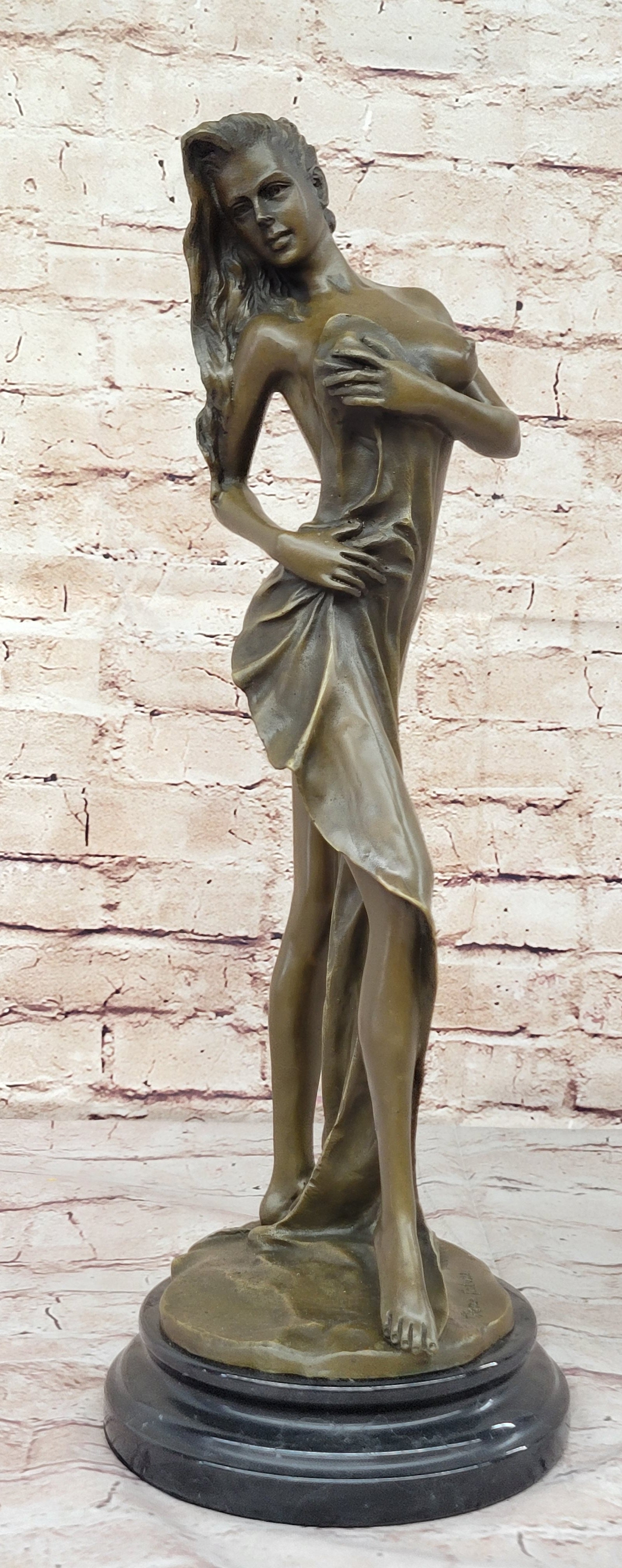 Bronze Sculpture Statue of Nude Woman Partially Covered with Towel Original Art by Jean Patou