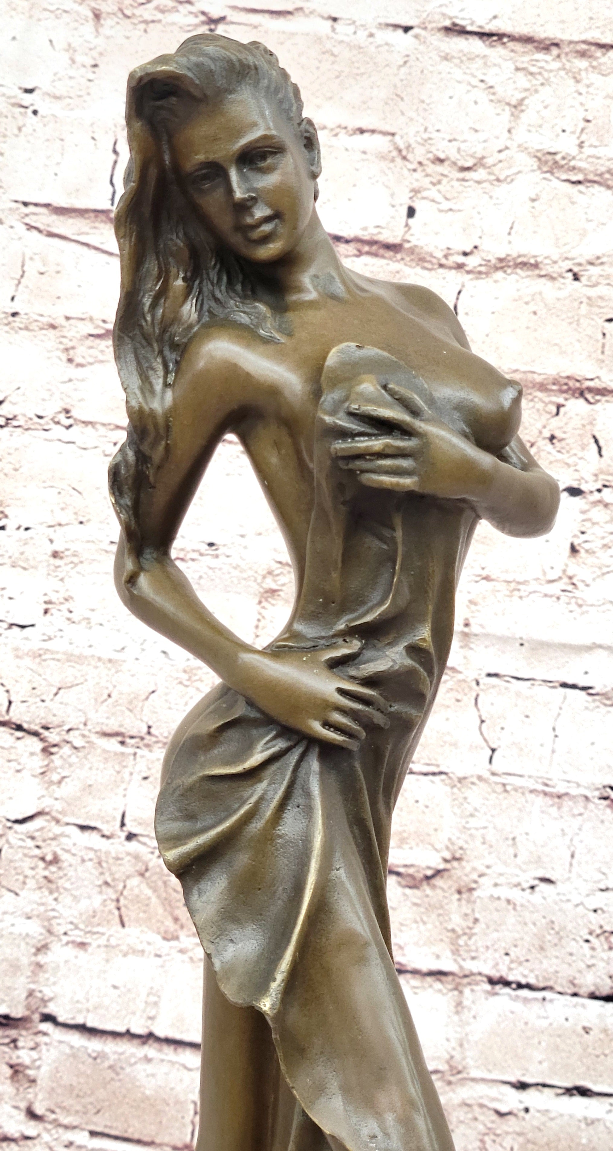 Bronze Sculpture Statue of Nude Woman Partially Covered with Towel Original Art by Jean Patou