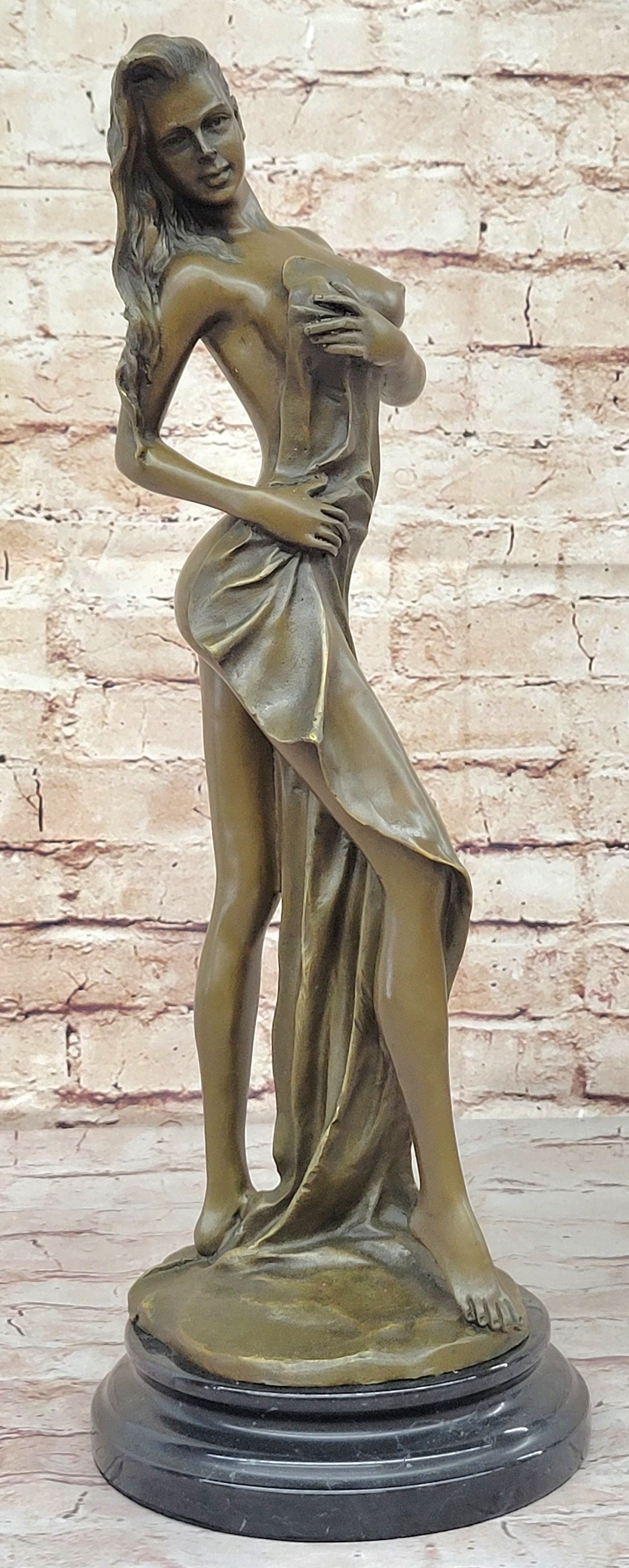 Bronze Sculpture Statue of Nude Woman Partially Covered with Towel Original Art by Jean Patou