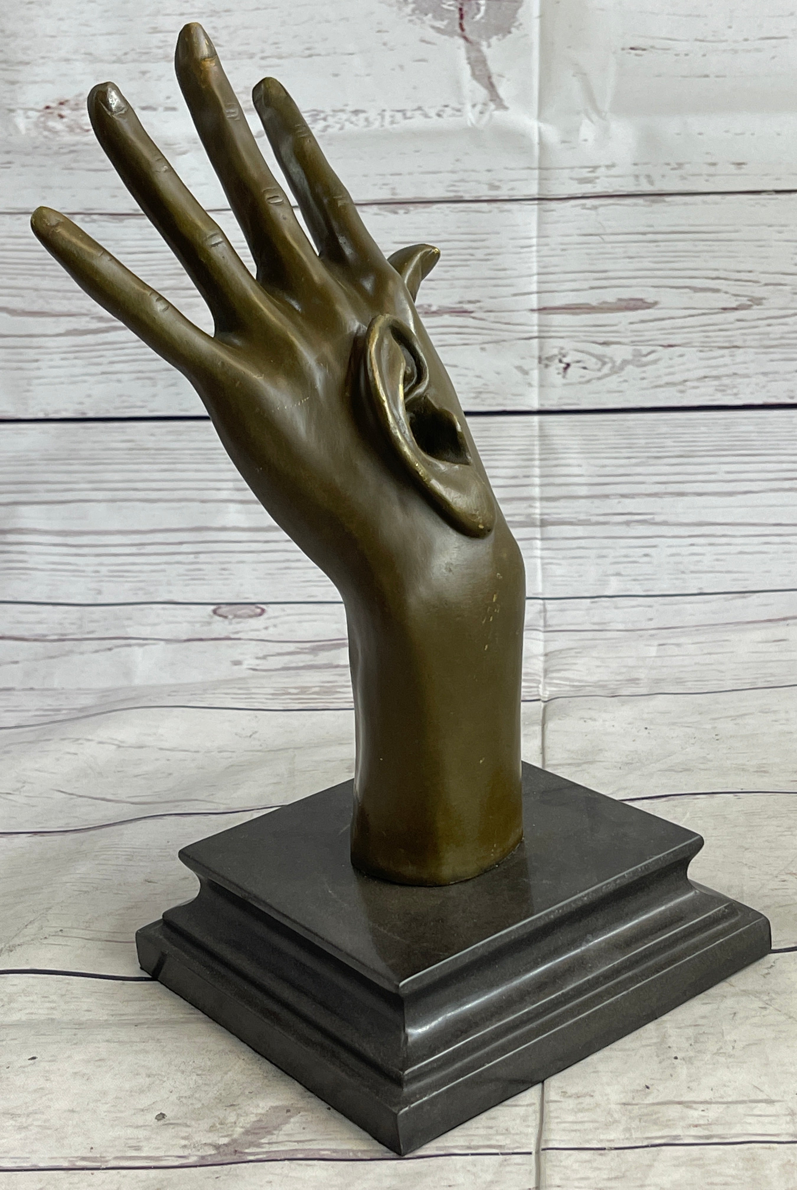 Surreal Bronze Sculpture Hand w/ Ear 13" x 5" Signed